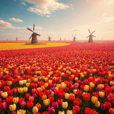 The primary subject of the image is a field of flowers, predominantly featuring red tulips. The setting is a beautiful, colorful field with a backdrop of windmills, creating a picturesque and serene atmosphere. The visual style of the image is a combination of photo and digital art, resulting in a vibrant and lively scene. The dominant colors in the image are red, yellow, and orange, which contribute to the overall warm and inviting mood of the scene.